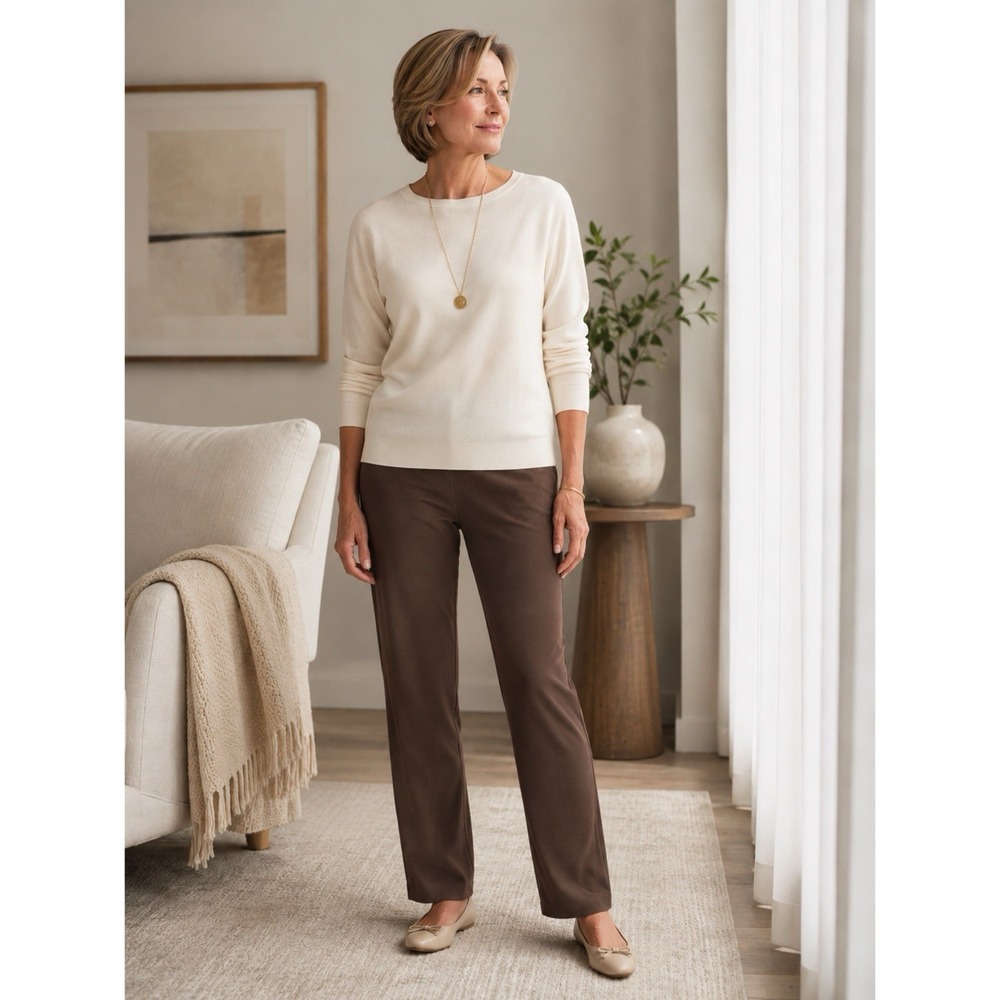 Clara Sun Woo Size XL Brown Pull On Pants Straight Leg Stretch Capsule Wardrobe